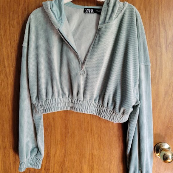 Zara cropped velvet sweatshirt in sea green size M - Picture 4 of 6